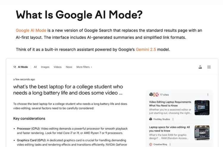 Google AI Mode interfaz mostrando resúmenes generados por IA