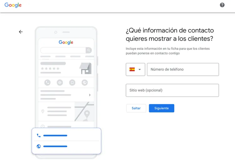 Google formulario de información de contacto con teléfono y sitio web
