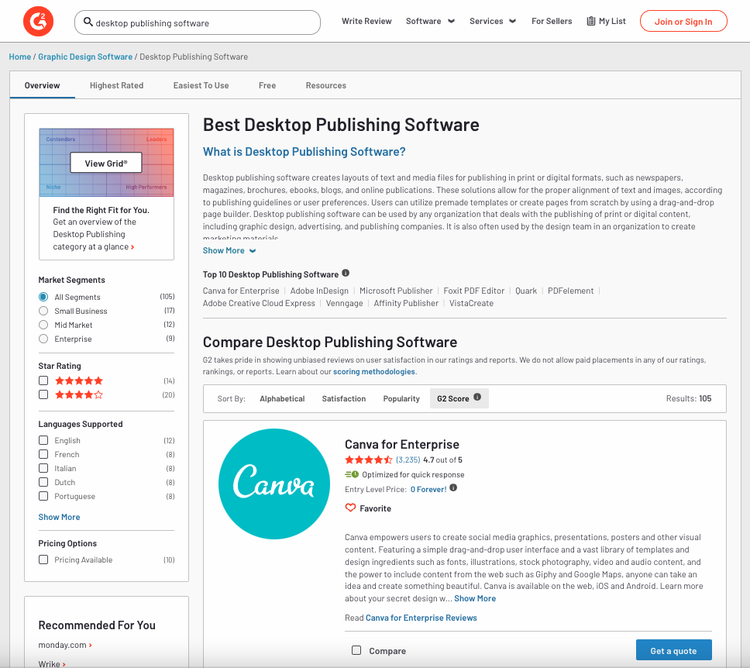 G2 categorías producto búsqueda visión general