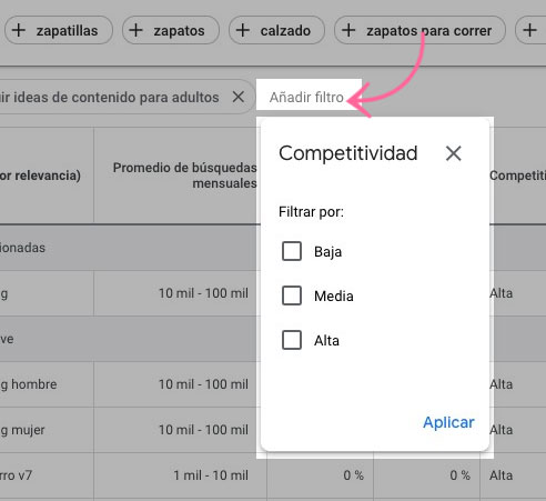Diálogo de filtro de competitividad con opciones Baja, Media, Alta
