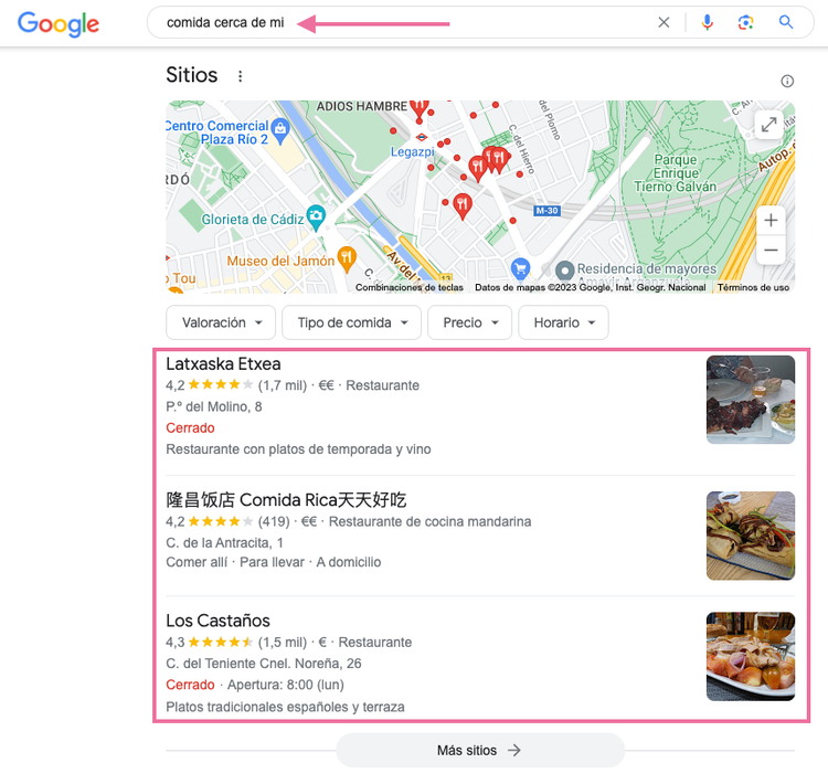 Ejemplo de un resultado de búsqueda local en Google