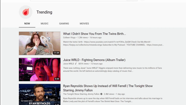 Youtube trending videos feed