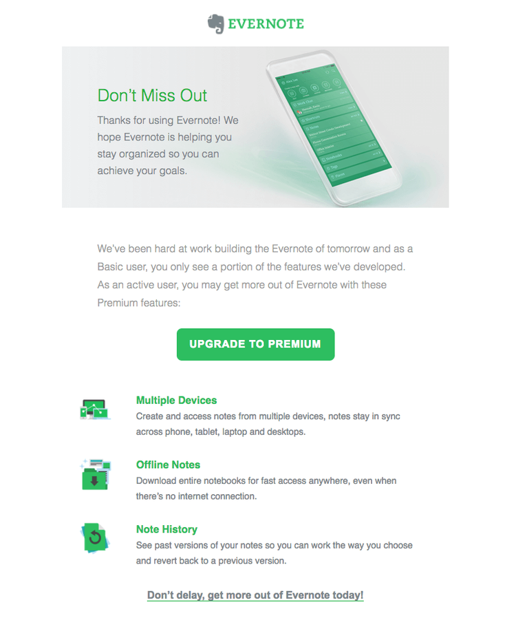El correo electrónico de Evernote que recuerda a los usuarios que deben actualizarse a la suscripción Premium