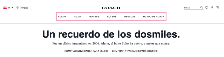 Menú de navegación de la web de Coach
