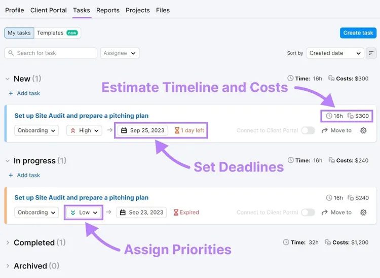 Sección "Tareas" en Semrush CRM