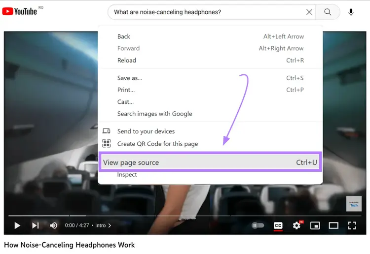YouTube menú contextual Ver fuente página inspeccionar búsqueda