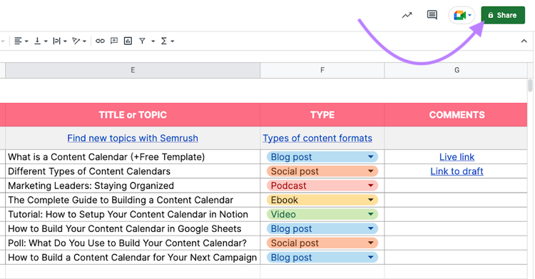botón de compartir resaltado en el ejemplo de calendario de contenidos de Google Sheets