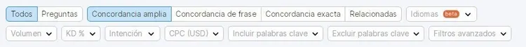 Opciones de filtrado en Keyword Magic Tool para refinar búsquedas