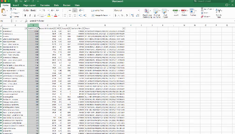 Hoja cálculo Excel con datos de palabras clave y métricas