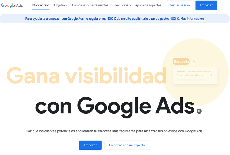 Google Ads homepage with visibility benefit messaging