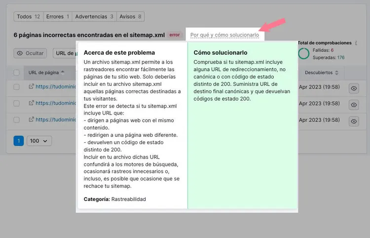 Modal con explicación de problema sitemap y soluciones recomendadas