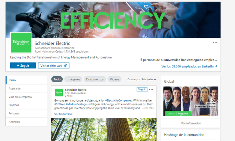 Páginas de empresa en LinkedIn - Ejemplo Scheneider