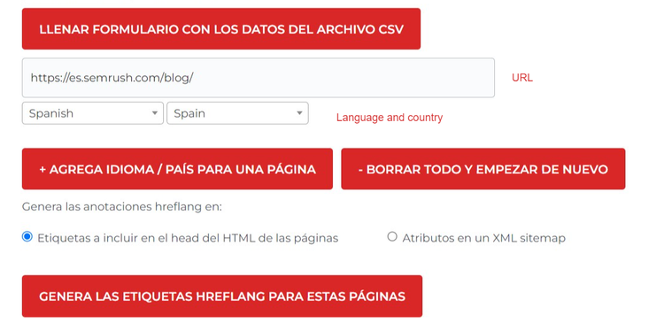 Hreflang tag generator form with URL input and language/country dropdown selectors