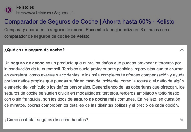 Ejemplo de Rich Snippet de Preguntas Frecuentes