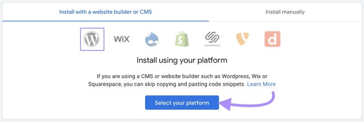 "Pestaña "Instalar con un constructor de sitios web o CMS
