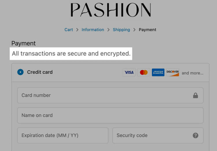 Página pago tienda Pashion con formulario tarjeta crédito seguro