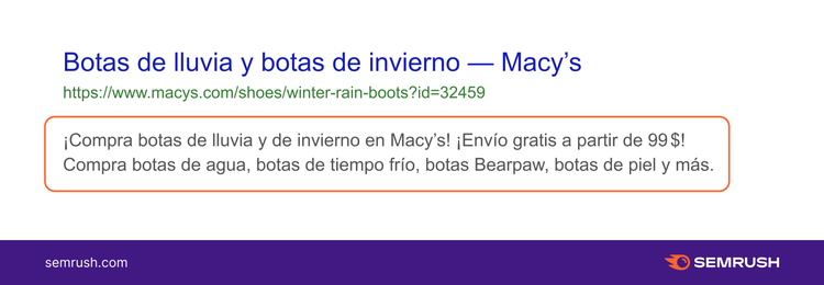 Meta descripción ejemplo Macy's: botas lluvia invierno con call to action