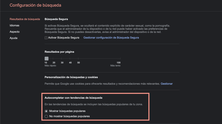 Configuración de búsqueda