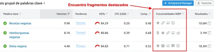 Reporte de palabras clave destacando fragmentos especiales con columna de funcionalidades SERP