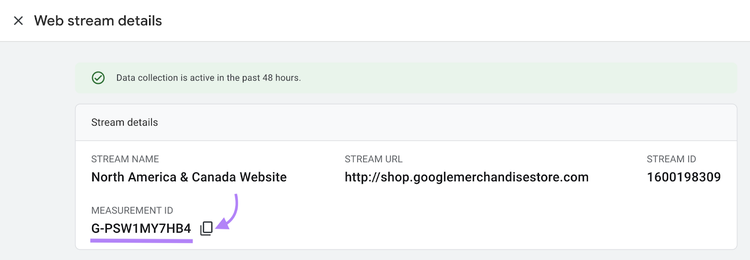 "ID de medición" en Detalles del flujo en Google Analytics.