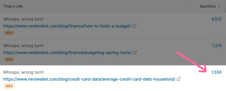 Lista de páginas rotas de NerdWallet con errores 404 y conteo de backlinks en cada una