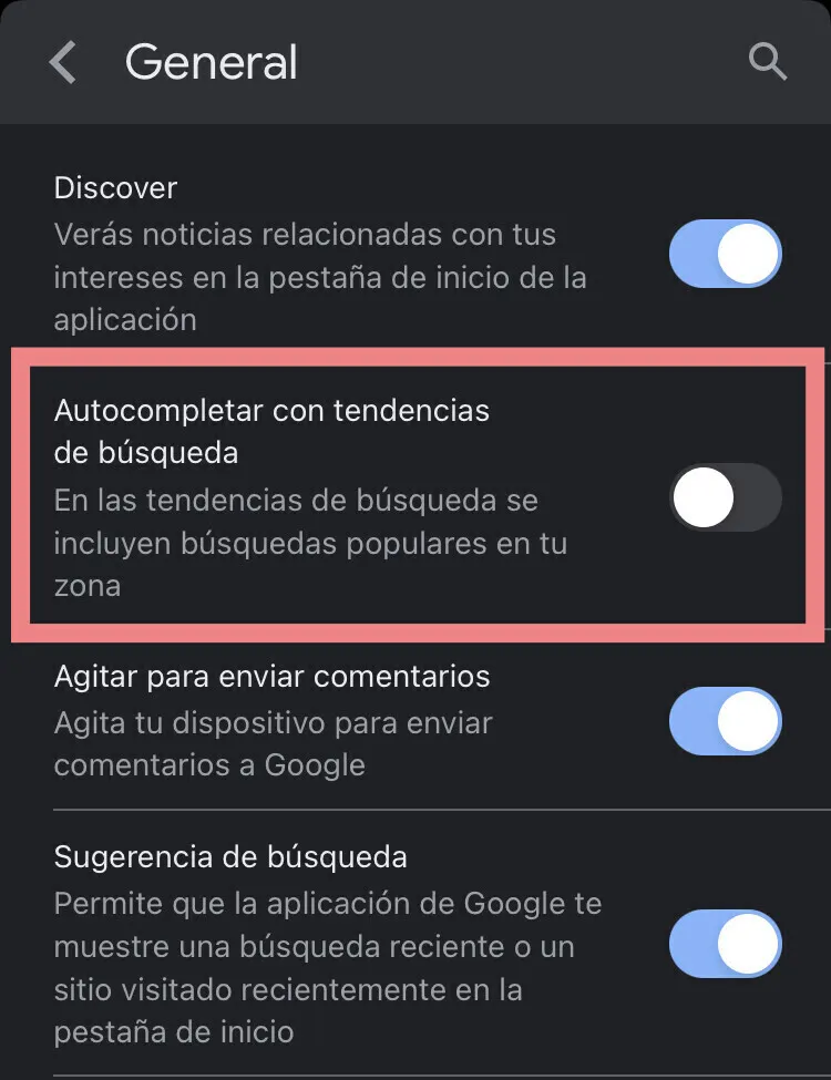 General configuración de búsqueda