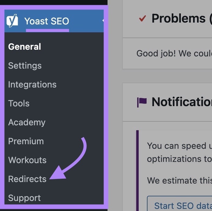 Menú Yoast SEO en la barra de herramientas izquierda del panel de control de WordPress con la opción "Redirecciones" seleccionada.