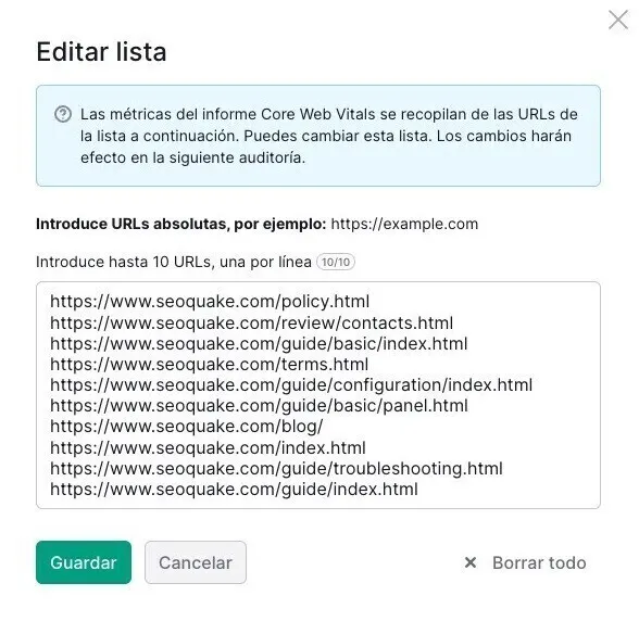 Modal lista URLs Core Web Vitals para editar y monitorear performance