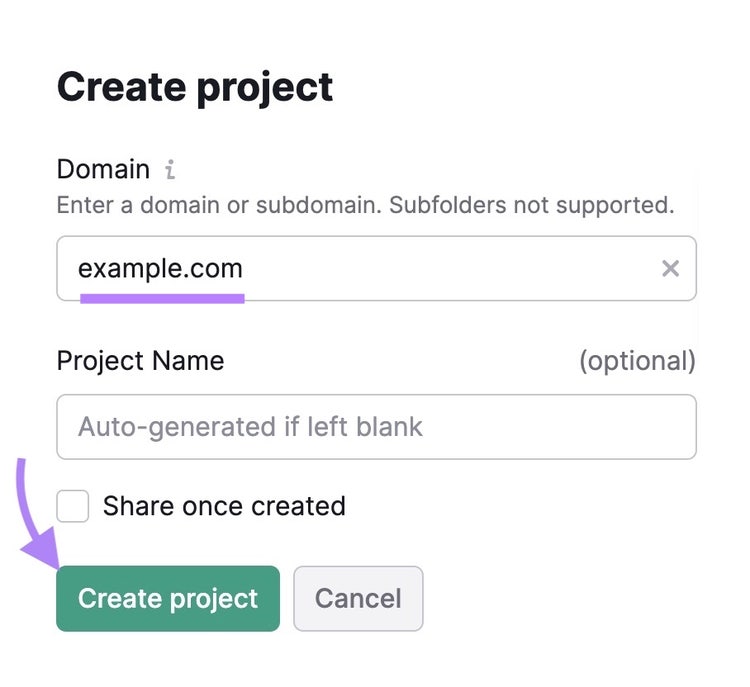 Ventana "Crear proyecto" para configurar una campaña de seguimiento de posición con un dominio ingresado y haciendo clic en "Crear proyecto"