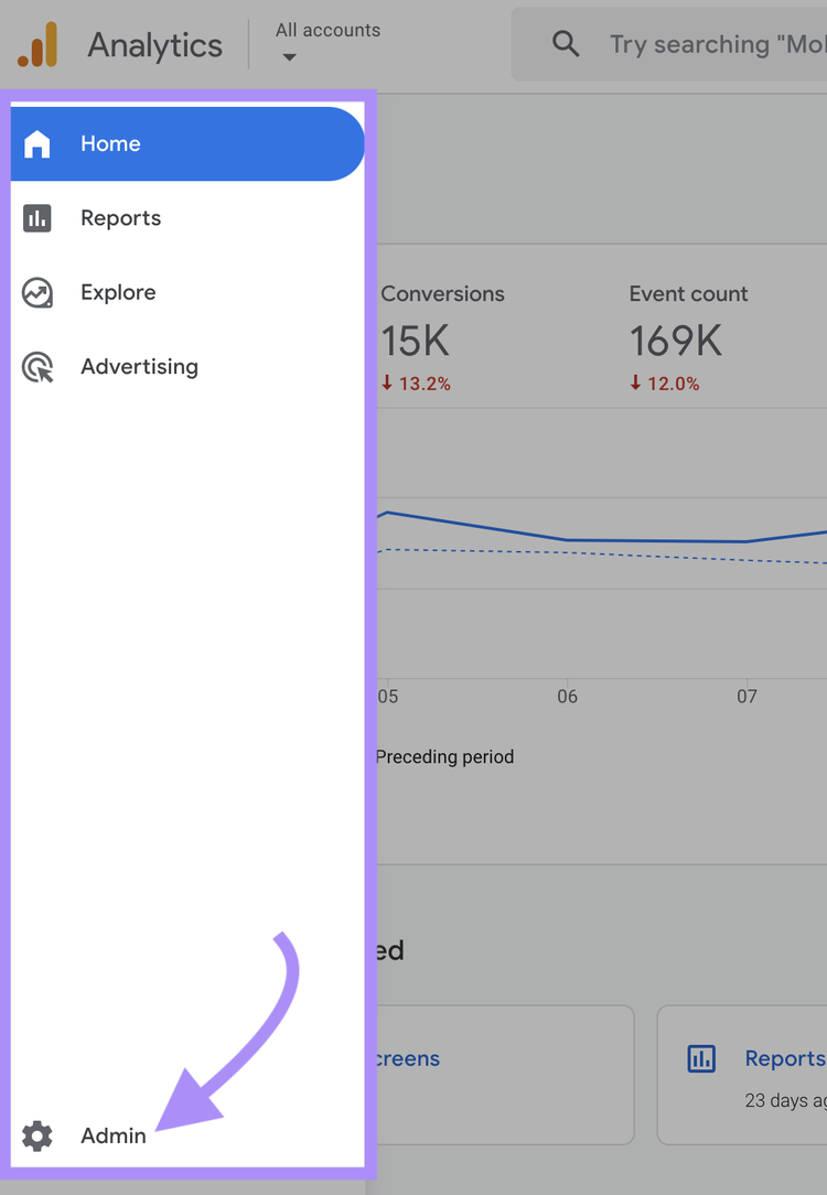 Configuración "Admin" de Google Analytics