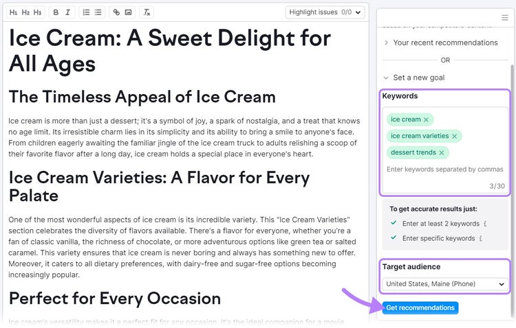 Palabras clave "helado", "variedades de helado" y "tendencias en postres" introducidas en el Asistente de Redacción SEO
