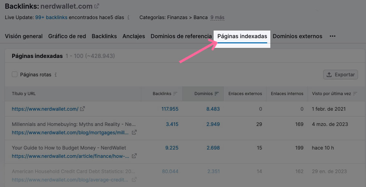 Tab de Páginas Indexadas mostrando páginas rotas de NerdWallet con conteo de backlinks