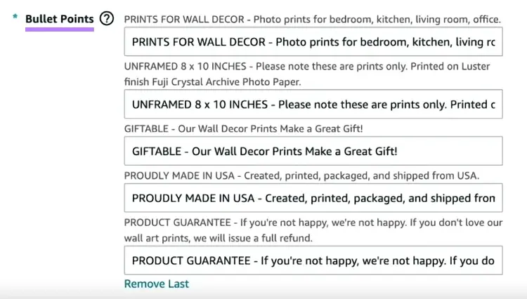 "Viñetas" en la pestaña "Descripción" de Amazon Seller Central