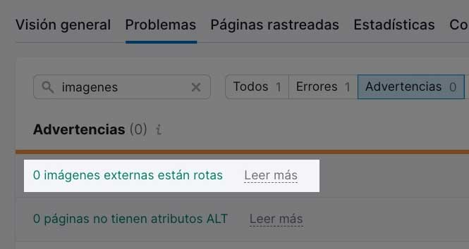Site Audit mostrando 0 imágenes externas rotas y sin atributos alt