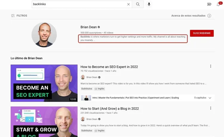 Resultado búsqueda YouTube canal Brian Dean con videos SEO