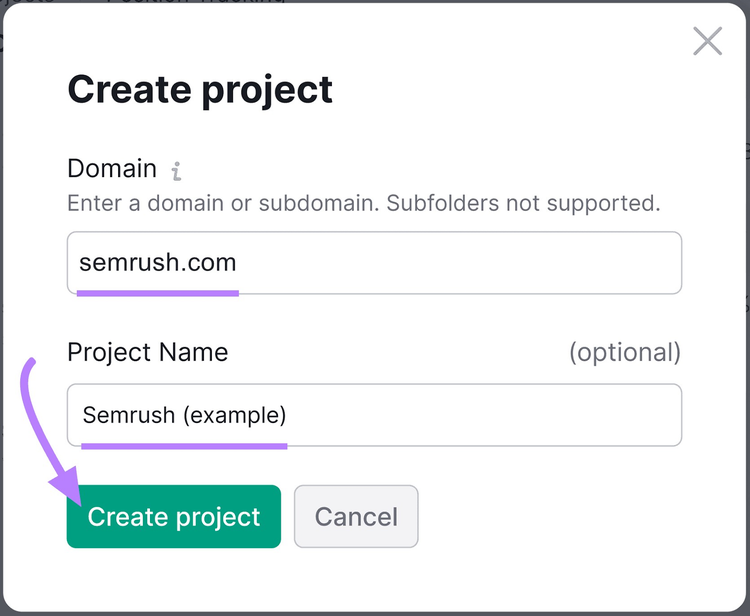 Sección "Crear proyecto" en la herramienta Seguimiento de la posición
