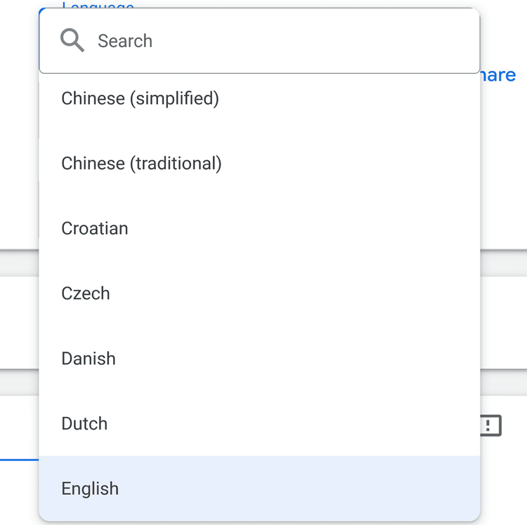 Un campo de búsqueda de idioma que muestra una lista desplegable con varios idiomas, con el inglés resaltado.