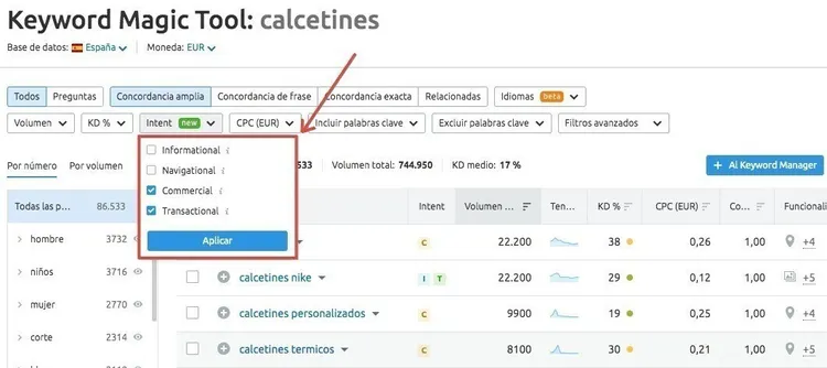 Keyword Magic Tool showing intent filter menu for categorizing calcetines keywords