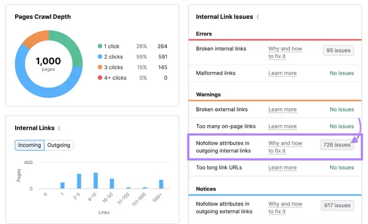 "Atributos nofollow en enlaces internos salientes" resultado resaltado en la sección "Advertencias"