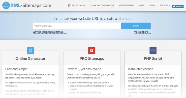 Página de inicio de XML Sitemaps.com