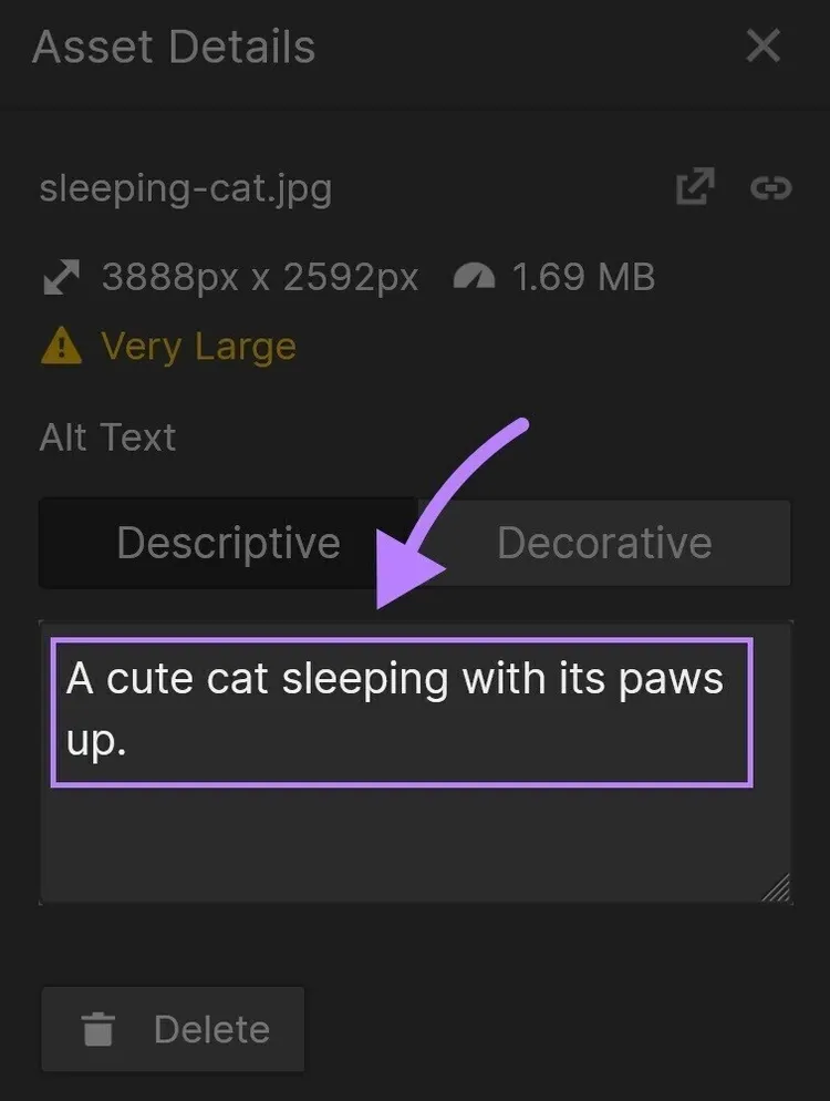 Texto alternativo "un lindo gato durmiendo con las patas hacia arriba" añadido en la ventana "Detalles del activo" en Webflow
