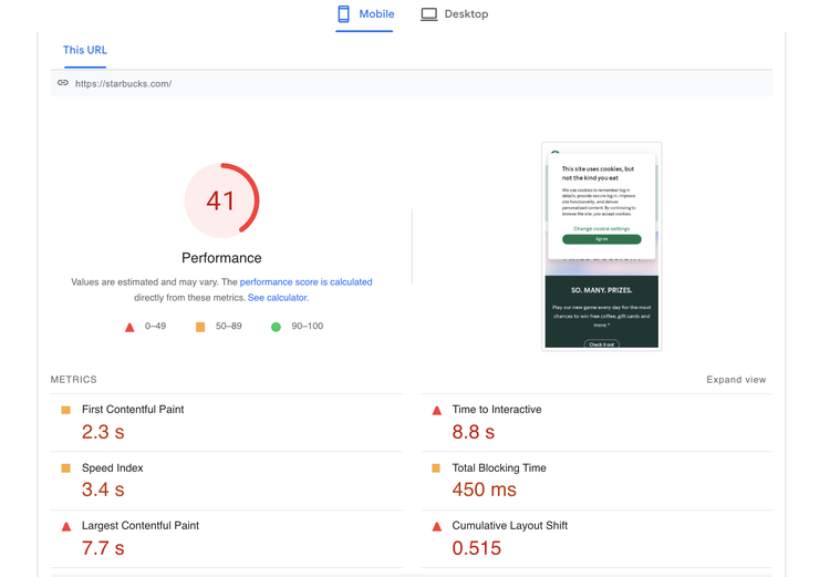 PageSpeed Insights: Performance 41 con Core Web Vitals