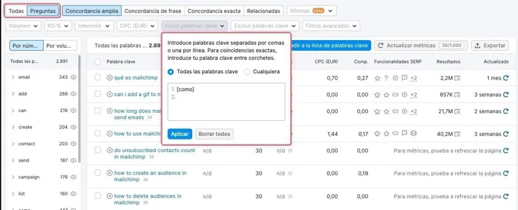 Interfaz entrada palabras clave en Keyword Magic Tool