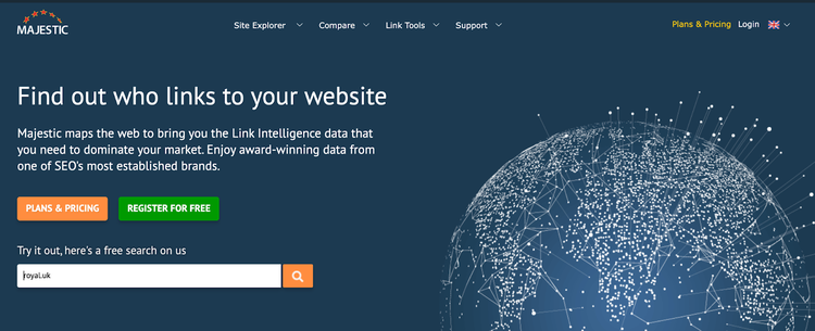 Majestic home page - "Find out who links to your website"