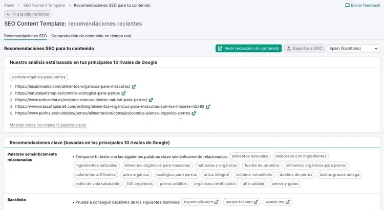 SEO Content Template recomendaciones para comida orgánica perros basadas en top 10 rivales