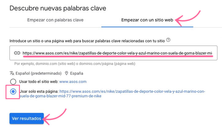Formulario para analizar palabras clave de competidores ingresando URL