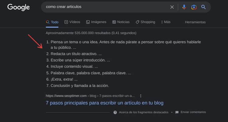 Resultado búsqueda destacado Google 'como crear articulos' con pasos numerados para escribir