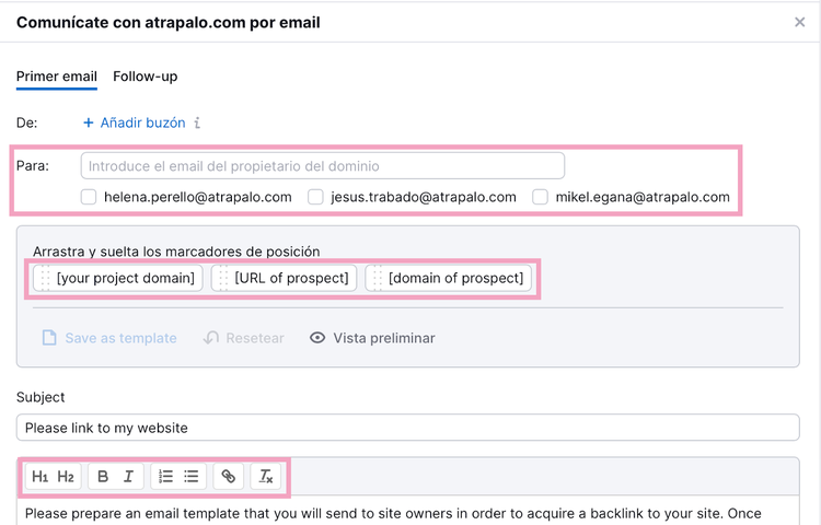 Pedir un backlink a través de Análisis de backlinks de Semrush