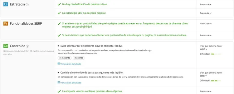 Semrush On Page SEO Checker con análisis y recomendaciones