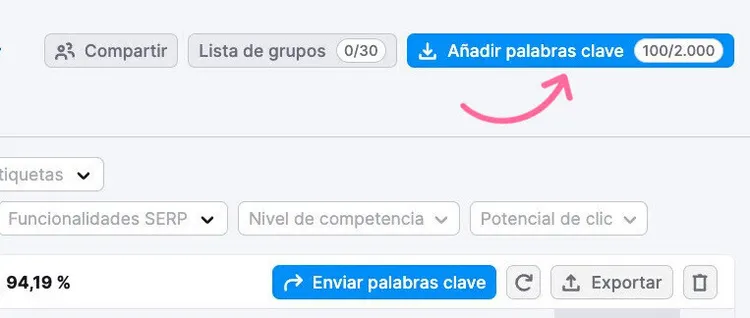 Añadir palabras clave en el Keyword Strategy Builder de Semrush